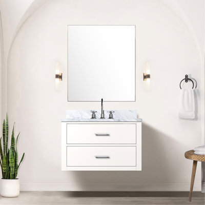 30 In. W X 22 D White Bath Vanity, Marble Top, 28 Mirror, Soft Close, Solid Wood Frame 30" 22" Vanity With Counter & Closing,