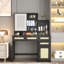 Coiffeuse de maquillage avec lumières en 3 couleurs et miroir ouvert, bureau de coiffeuse avec 4 tiroirs, 1 armoire et tablettes, commode en rotin pour la chambre à coucher-903643590