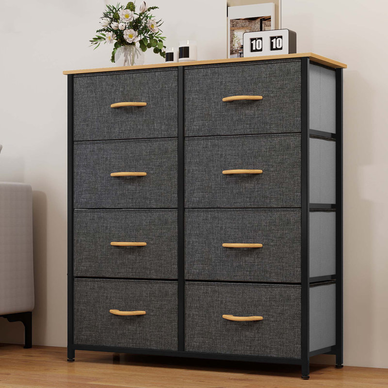 Commode double en tissu à 8 tiroirs l 31,5 po Tharani, Gris / naturel / noir