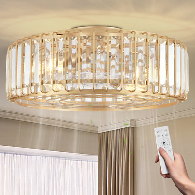 20" Crystal Caged Ceiling Fan with Light Kit, Gold Finish, 7 Blades, Remote Control, Reversible DC Motor for Dining Room Bedroom living Room