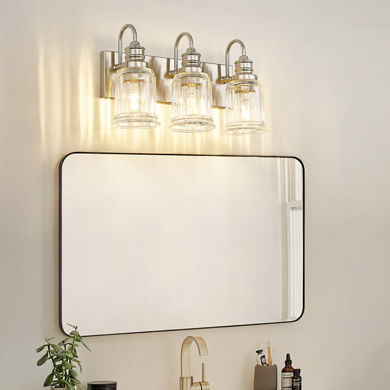 3-Light Vintage Vanity Light, Bell Shaped Fluted Glass, Brushed Nickel, 3 Lights , Brushed Nickel