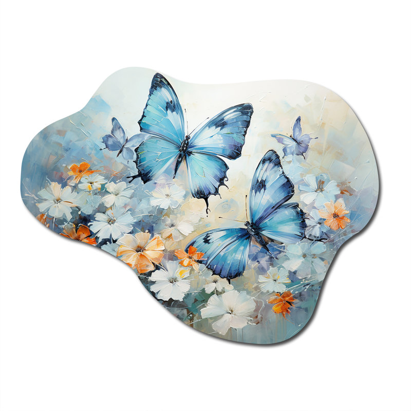 «Blue White Butterfly Symphony - Cloud Butterfly», décoration murale asymétrique en métal, H 27 po x l 35 po x P 1 po