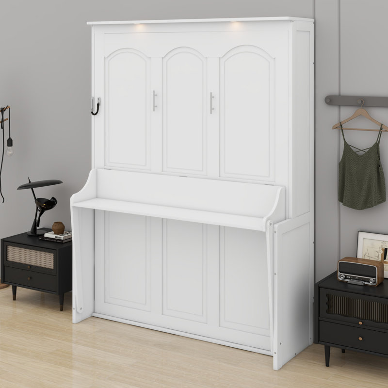 Lit escamotable avec bureau, lumières DEL et station de charge USB, Blanc