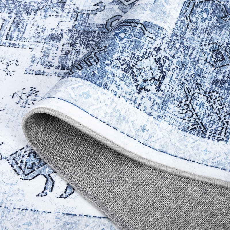 Washable Area Rug, Vintage Printed Low Pile Non Slip Foldable Polyester Carpet, for Living Room Bedroom, Blue Tone, 10'x13'