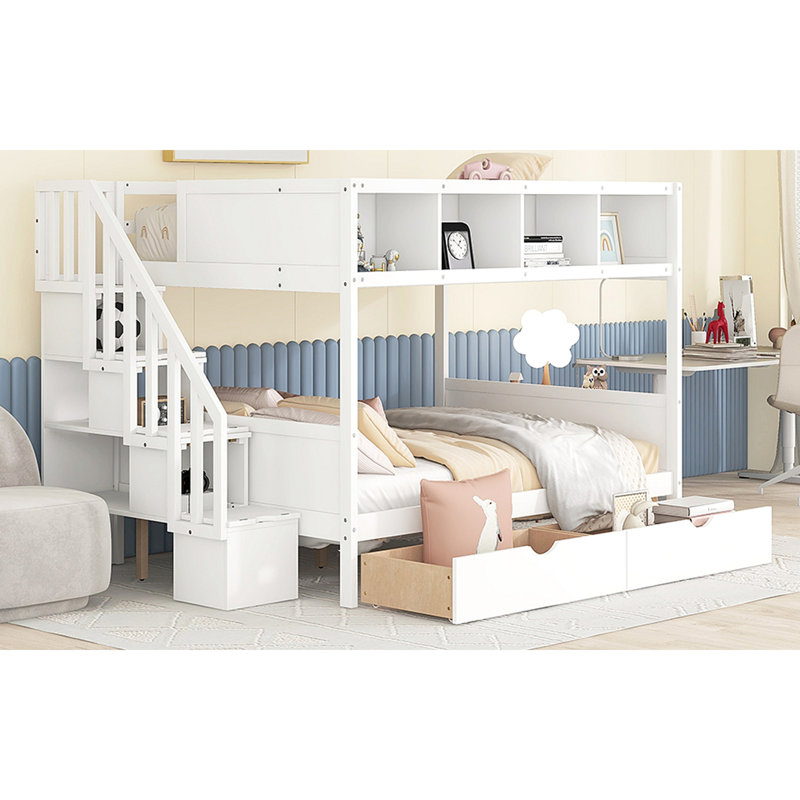 Lit superposé avec tablettes, escalier de rangement et 2 tiroirs, Blanc
