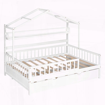 Wooden Twin Size House Bed with Trundle & Shelf, Kids Bed