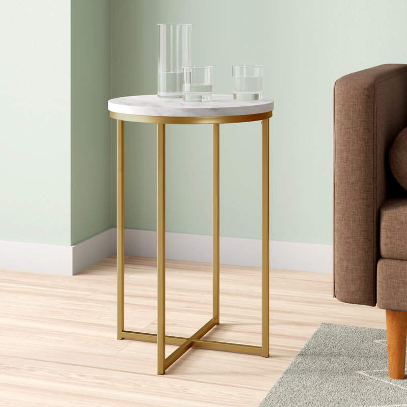 Table de bout avec pieds croisés Wasser, Faux marbre blanc, Or