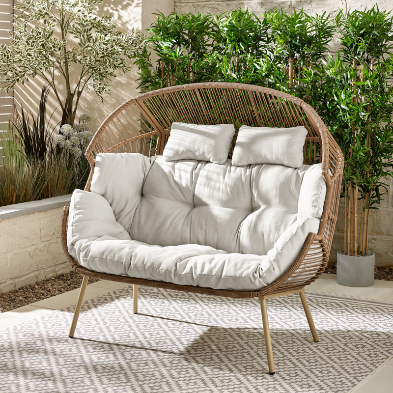 Kouts Cosy Rattan Weave Double Egg Chair Garden With Cushion - Contemporary Modern Design, Cream