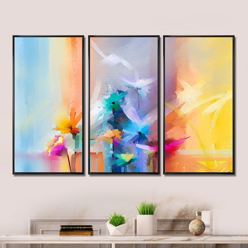 «Painted Pastel Flowers in Yellow Red and Blue II», ensemble de 3 reproductions sur toile flottantes, Noir, noir, noir, noir