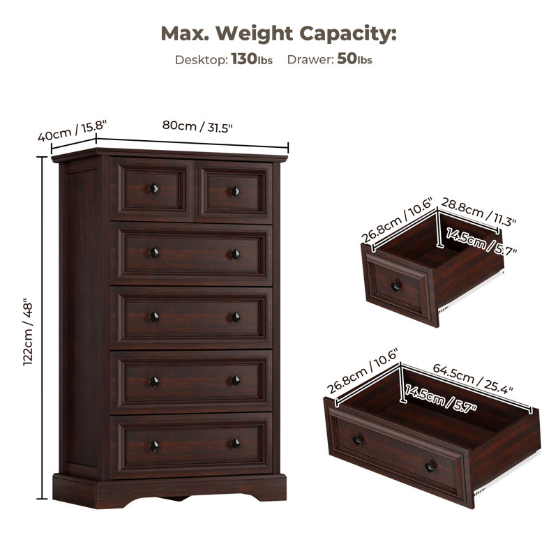 Farmhouse 6 Drawer Tall Dresser for Bedroom, Living Room, Hallway, Cherry
