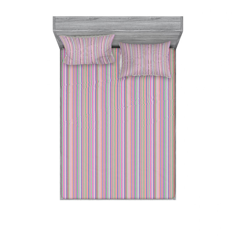 Drap-housse rayé en microfibre 100% coton, Ensemble de draps pour lit double + un drap-housse, Rose