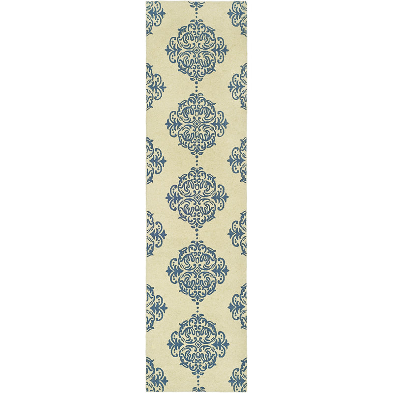 Tapis ivoire / bleu en laine crocheté à la main Daijah, Tapis de couloir 2 pi 6 po x 14 pi