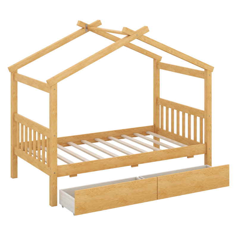 Tirsa Wooden House Bed with Drawers, Natural, Twin