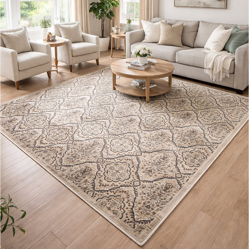 Tapis rétro beige, bleu et soyeux Elguja