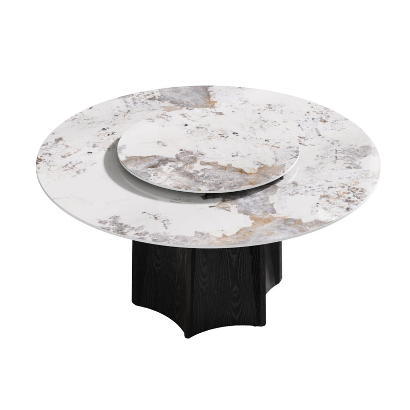 Table de salle à manger ronde 58,73 po avec dessus en pierre frittée et base en bois noir, 6 à 8 places, table tournante blanche 31,5 po, table, bois massif texturé, disque