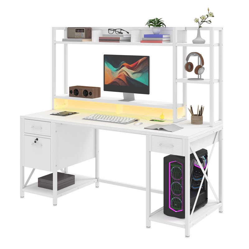 59" Computer Desk With Storage Hutch, LED Lights & Power Outlets, Home Office Desk With Lockable Drawers & Monitor Stand
