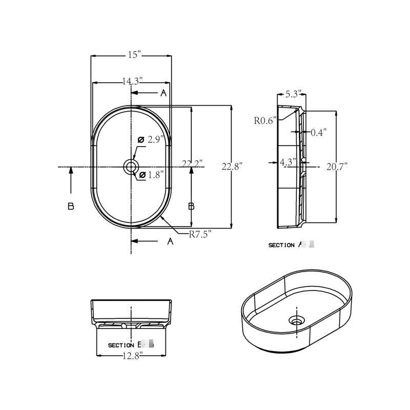 Solid Surface Basin - Matte White. Contemporary Style. Easy To Clean, . 23.28 In. Depth, 15.41 Width, 5.26 Height. 17.01 Lb. Weight. Pedestal Basin. No Drainer & White, Contemporary. Without And