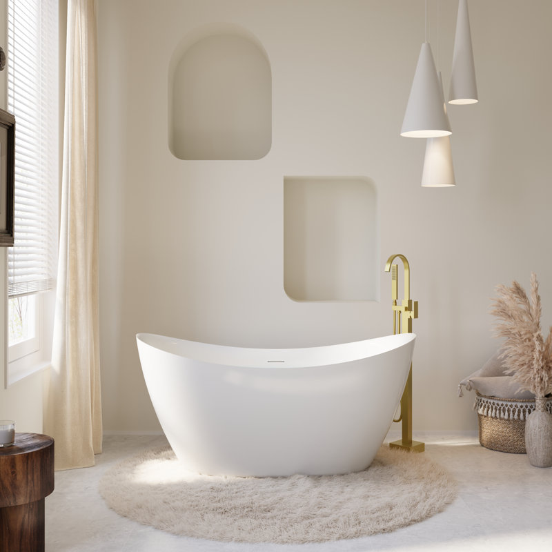 Baignoire de trempage autoportante 60 pouces, 56 gallons, 100% acrylique vierge pure avec drain et trop-plein, blanc brillant