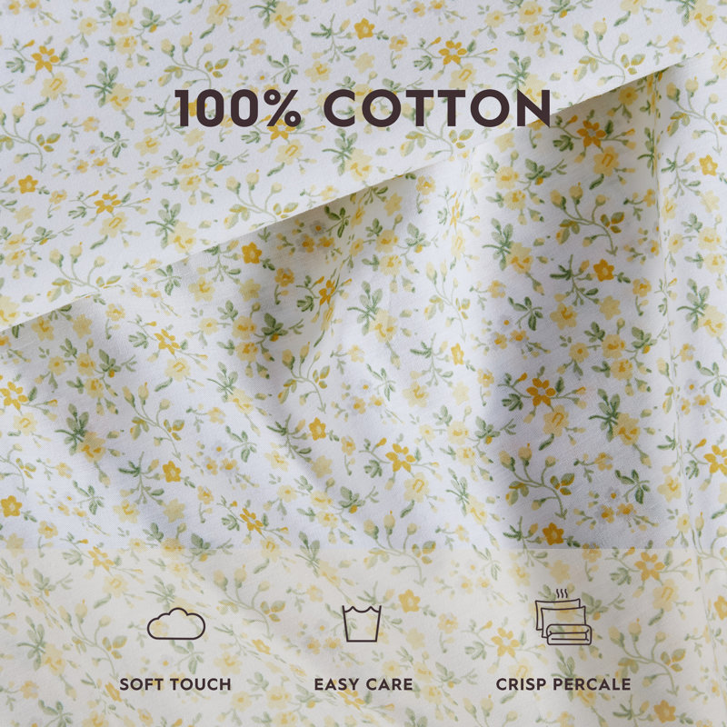 Twin White Cotton Percale Printed Sheet Set