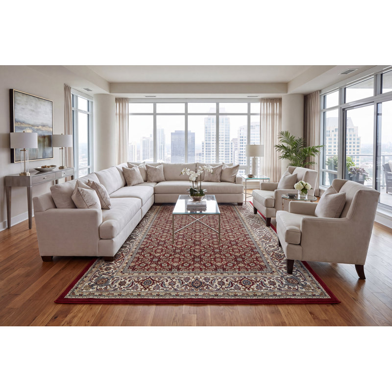 Tapis oriental rouge / ivoire Attell, Rectangle 7 pi 10 po x 11 pi 2 po