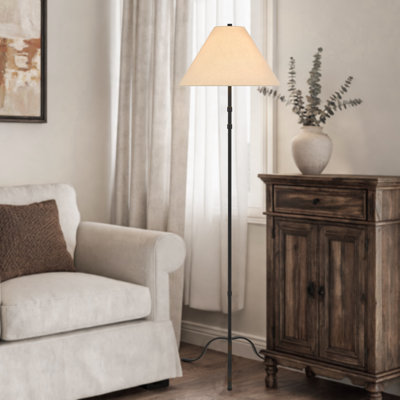 Lampe sur pied en métal de 61 po de hauteur avec finition noire et abat-jour rond en tissu