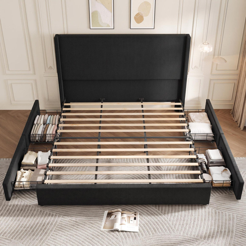 Black Corduroy Platform Bed Frame with 4 Storage Drawers, King