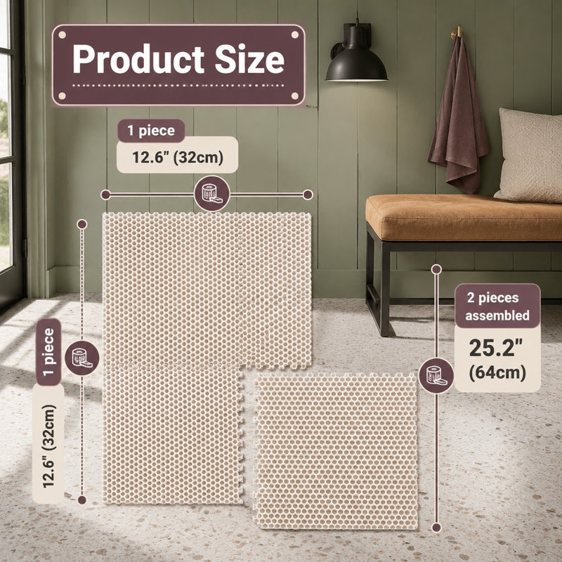 Tapis de litière extensible de type casse-tête, vendu en lot de 4, mesurant 25,2 x 25,2 pouces une fois assemblé et composé de sections de 12,6 pouces ; les pièces alvéolées retenant la litière sont fabriquées en EVA imperméable, faciles à nettoyer et peuvent être découpées sur mesure.