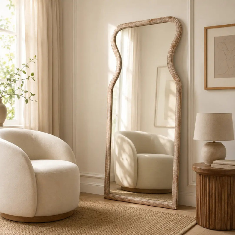 Wood Framed Decorative Wall Mirror, Irregular Freeform Wall  Mirror For Indoor Home Decor,70"