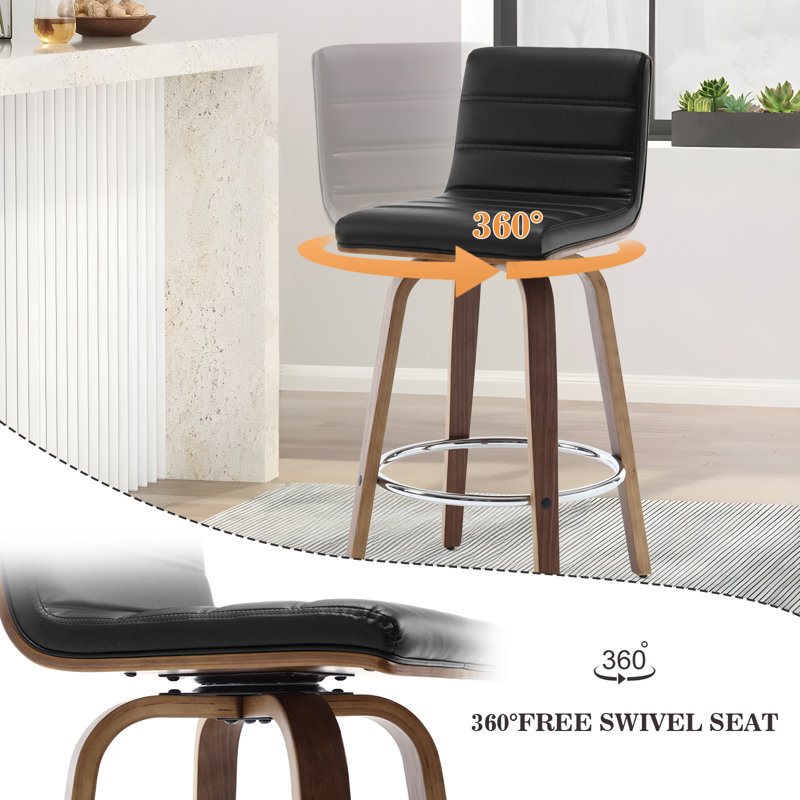Swivel Upholstered Counter & Bar Stool With Solid Wood Frame and L-Shaped PU Leather Back, Black