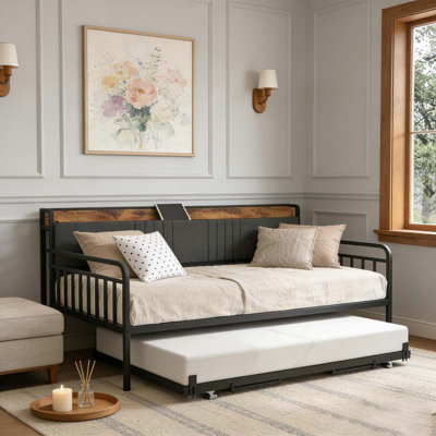 Daybed with Trundle, Sturdy Metal Twin Bed Frame with Upholstered Headboard by Red Barrel Studio
