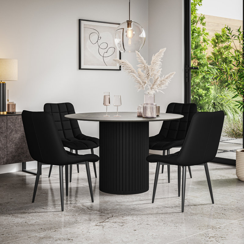 Arlo Walnut Table Top W Walnut Legs + Nova Faux Leather Dining Chair Black Set Of 4, Grey/Black, Black, 7