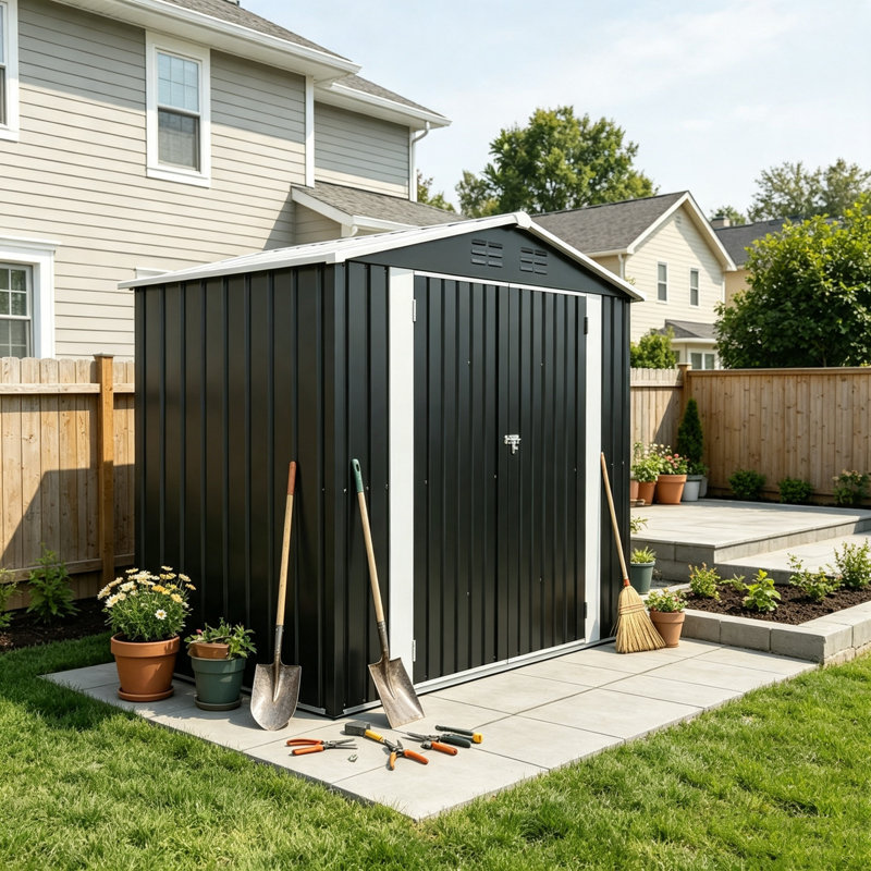 Abri de jardin en métal noir de 2,4 x 1,2 m avec verrou de sécurité, idéal pour terrasse, jardin et pelouse. Résistant aux intempéries, durable et facile à monter.