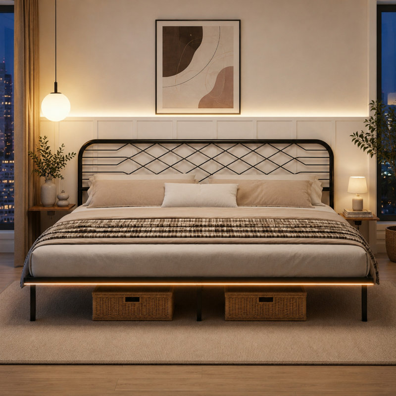 Aether Floating Metal Bed Frame with Charging & LED Lighting & Shelves, No Box Spring Needed, Kingsize (5')
