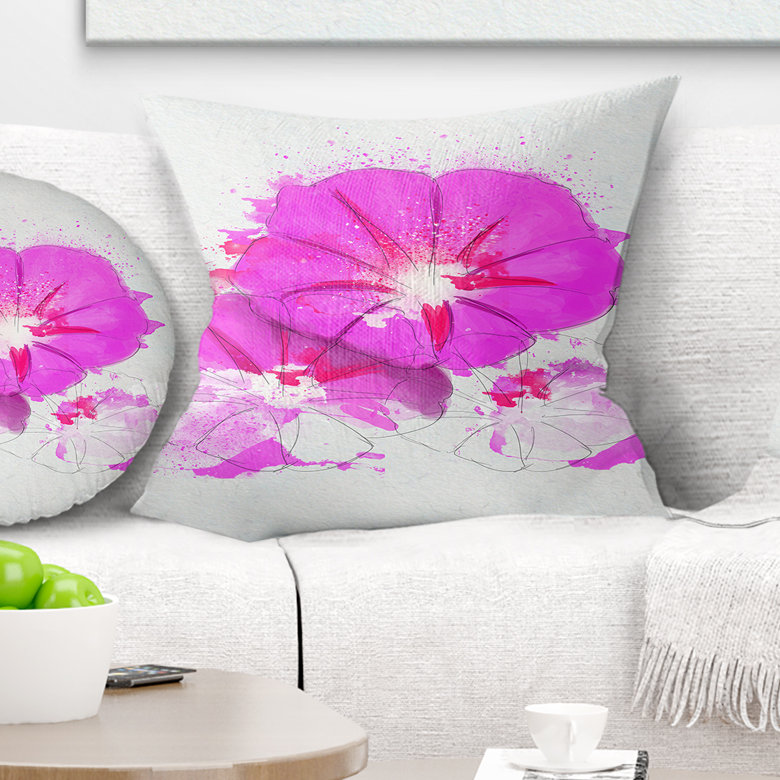 Croquis de fleurs roses avec éclaboussures de couleur - coussin imprimé floral, 16 po x 1 po, Coussin décoratif