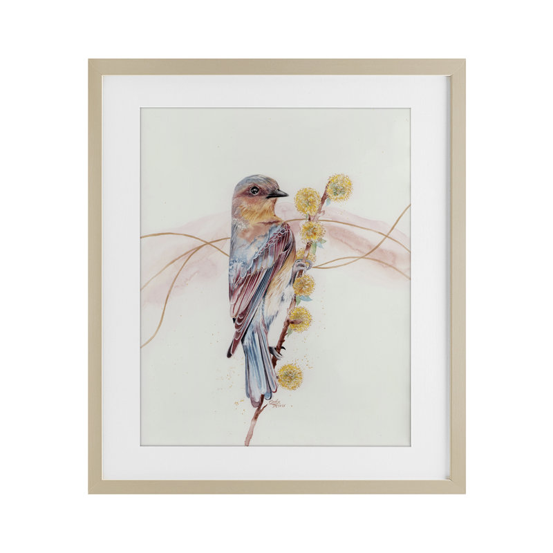 Bird & Yellow Puffy Flowers Framed Print Under Glass, design by Cady Driver, 16" H x 13" W, Harvest Pine Frame