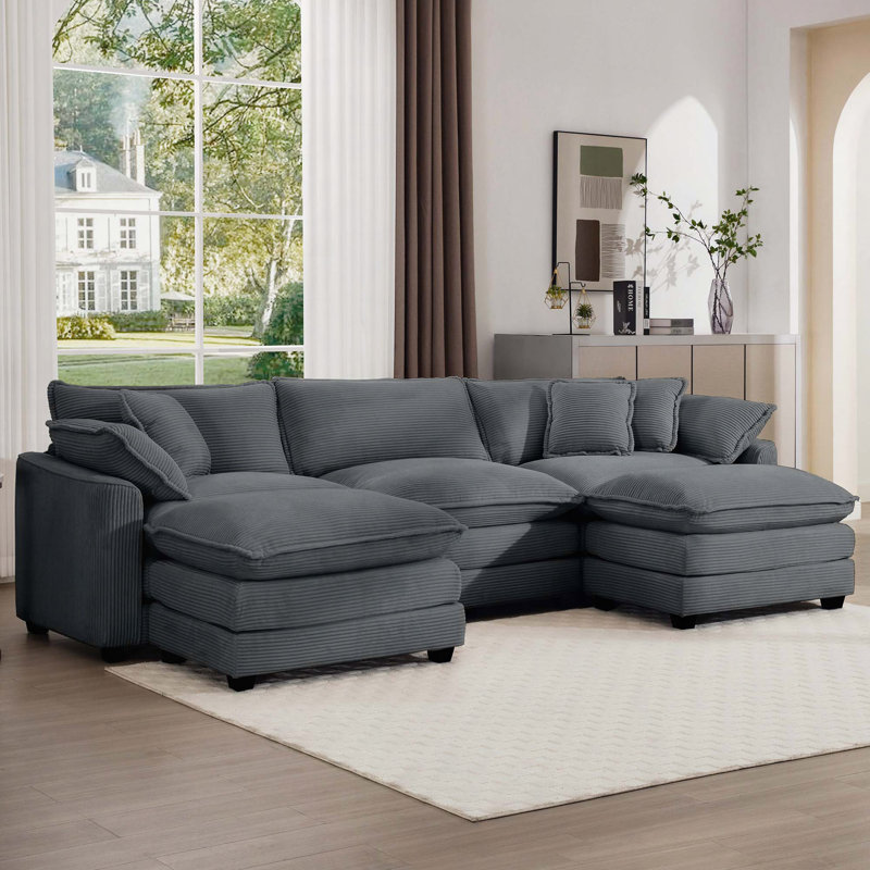 Jeffers Chenille Fabric Upholstered 4-Piece Sectional Sofa, Beige Chenille, 33.85" H x 114.56" W x 34.25" D