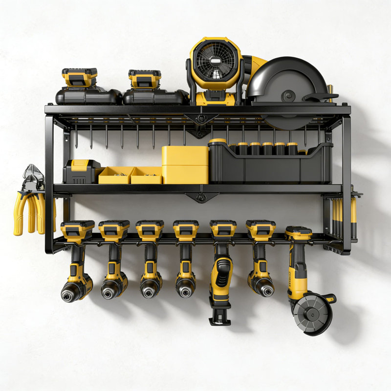 Rangement robuste pour outils électriques avec 7 porte-perceuses - Support mural en métal pour outils, Noir
