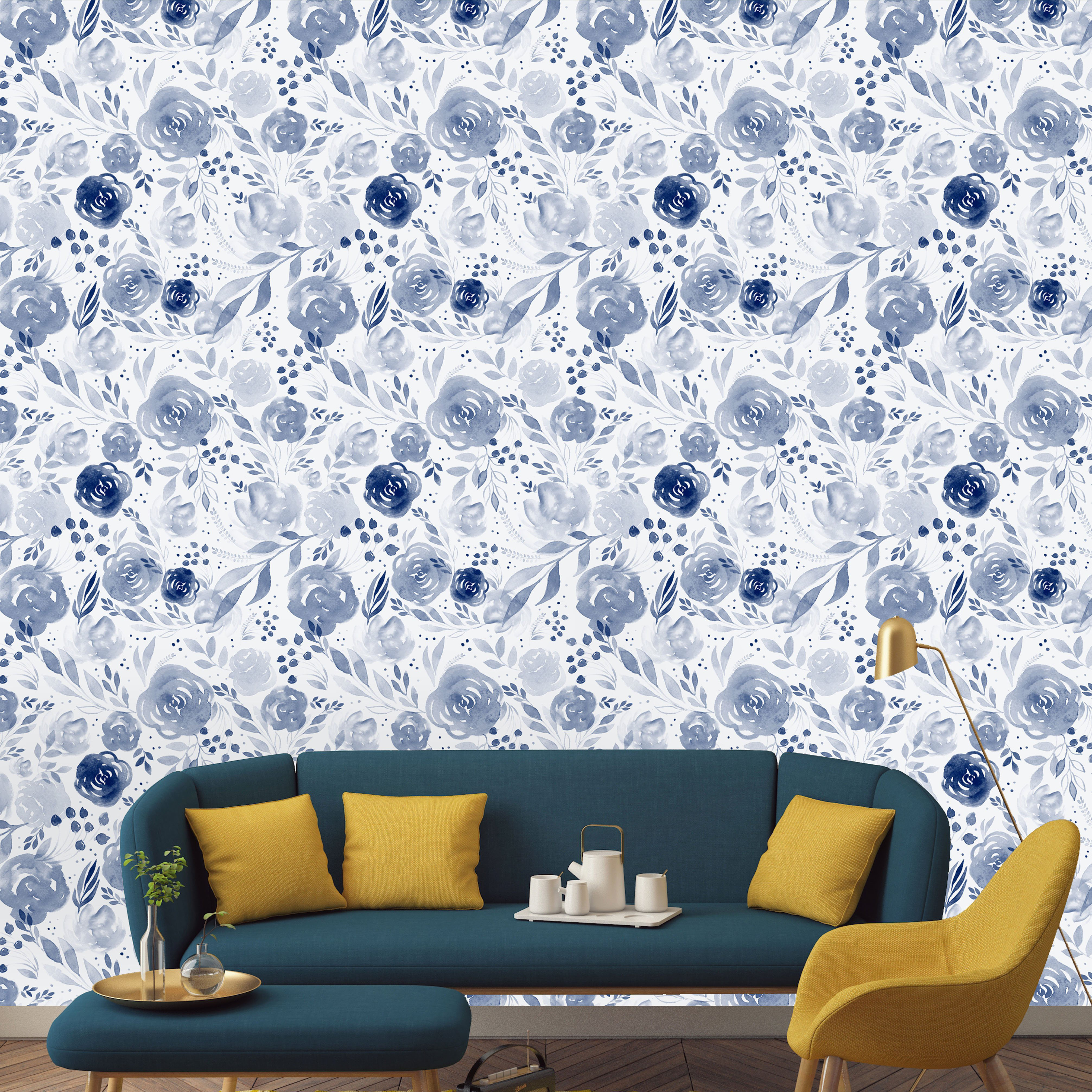 Red Barrel Studio Blue Lovely Flowers Peel And Stick Wallpaper ...