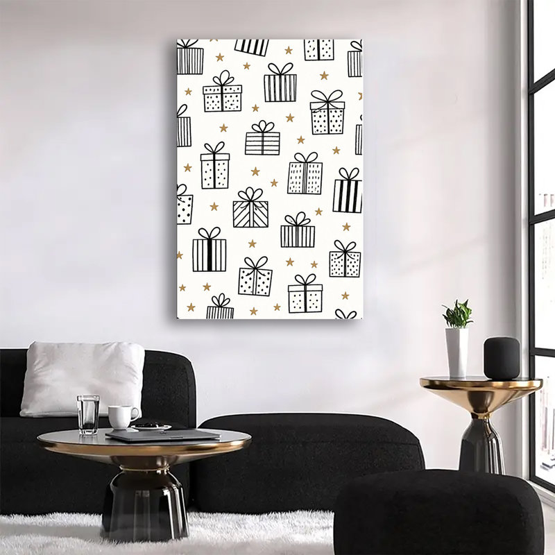 Motif de boîte-cadeau dessiné à la main avec des étoiles dorées sur fond crème, art minimaliste sur toile, 20x30in