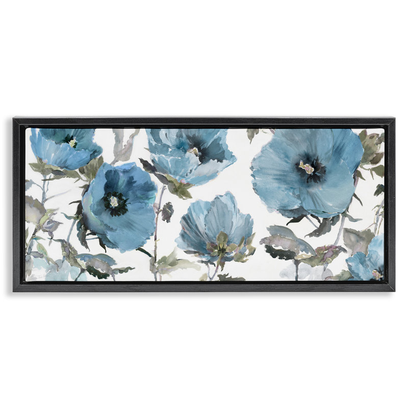 Coquelicots bleus, Cadre flottant noir de jais, H 14 po x l 31 po
