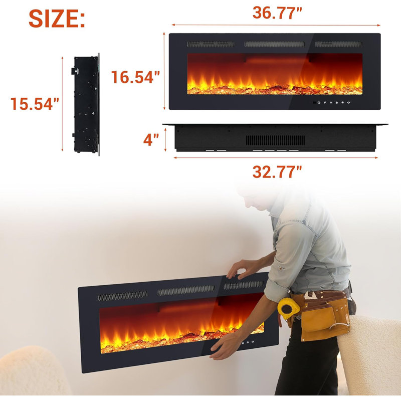 Electric Fireplace Insert Wall Mounted & Recessed, 40 Inch Indoor Fireplace Heater With Remote, 12 Flame Colors, Faux Log & Crystal, LED Fireplace For Living Room, Wall Fireplace Electric
