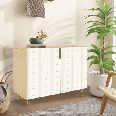 Sideboard Buffet Cabinet with Storage Seafoam Anchor Striped Nautical Cream with 2 Doors for Living Room and Kitchen