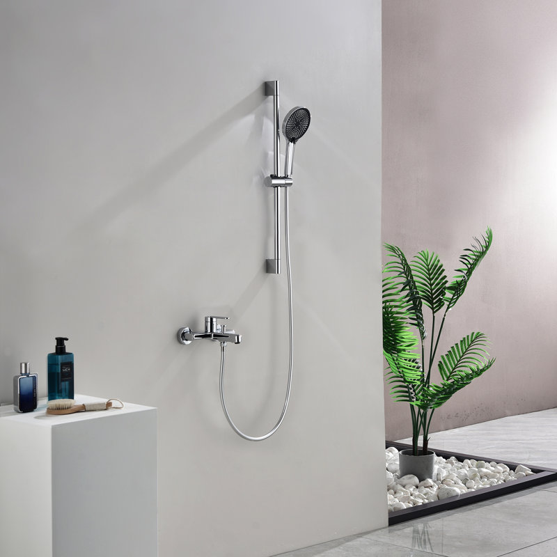 Robinet de baignoire mural à poignée simple en laiton massif avec douche à main, Chrome poli