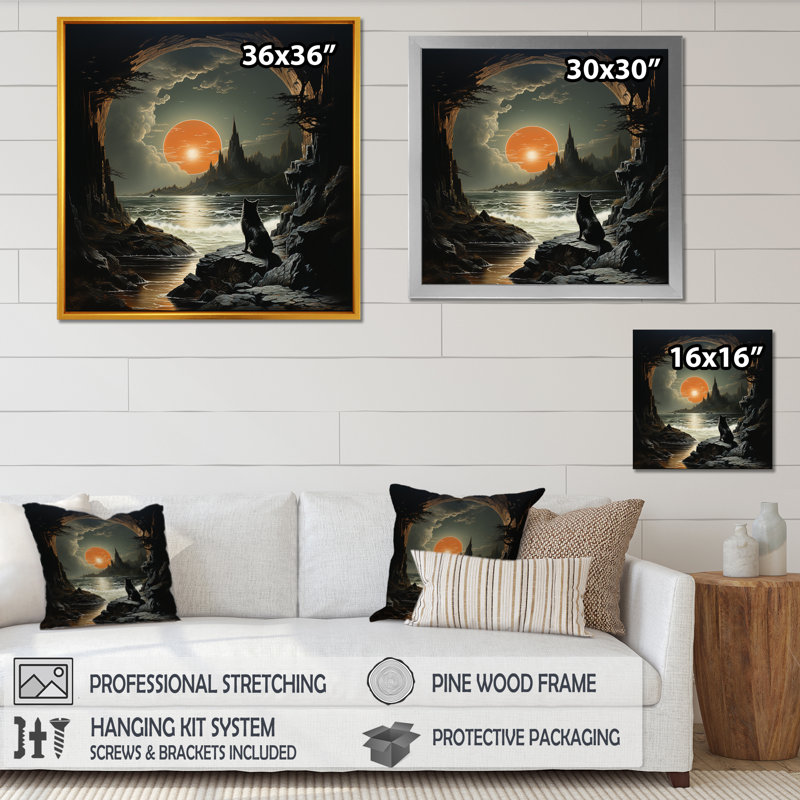 Loup hurlant à la lune I - art mural mode, Cadre doré simple, H 36 po x l 36 po x P 1,5 po