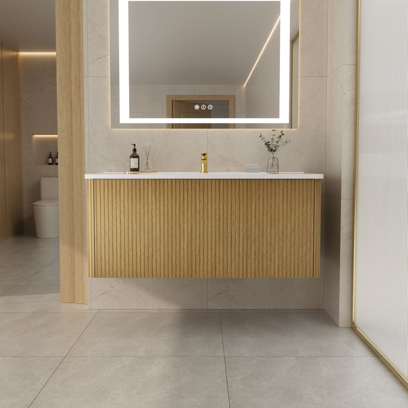 Meuble-lavabo rayé avec lavabo à surface solide, meuble-lavabo mural flottant pour salle de bain moderne, pré-assemblé