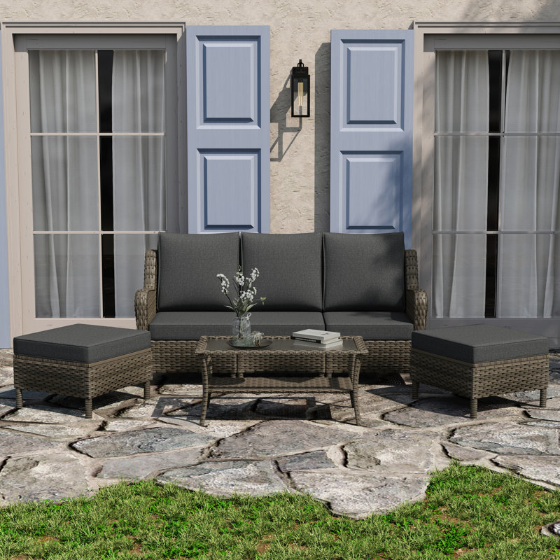 3 - Person Seating Group with Cushions, Black, Greyish Brown