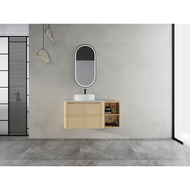 Meuble-lavabo mural 42 po avec lavabo d'art en céramique et 1 tablette de rangement, 2 portes à fermeture douce, contreplaqué