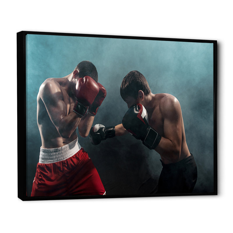 Deux boxeurs professionnels sur toile, H 30 po x l 40 po x P 1,5 po, Cadre flottant noir