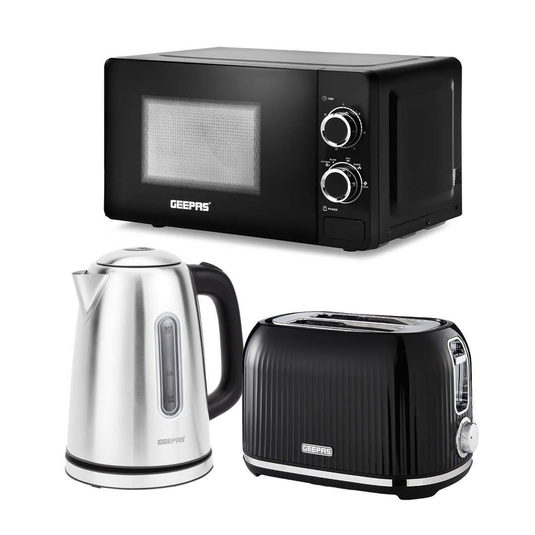 Geepas Illuminating Electric Kettle 2 Slice Bead Toaster & 20L Microwave Kitchen Set in Black - Image 6