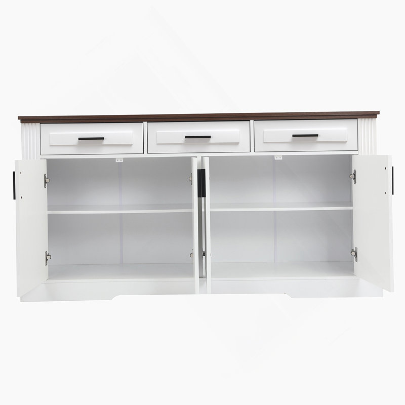 63" Fluted Sideboard Buffet Cabinet With Storage, Modern Coffee Bar Station With 4 Doors And 3 Drawers, Kitchen Storage Console Table For Living Room Dining Room Entryway, White